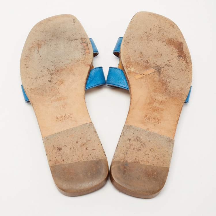 Pre Owned Hermes Blue Leather Oran Flat Slides Size 37.5