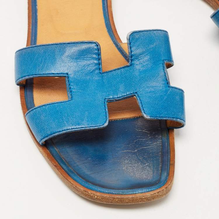 Pre Owned Hermes Blue Leather Oran Flat Slides Size 37.5