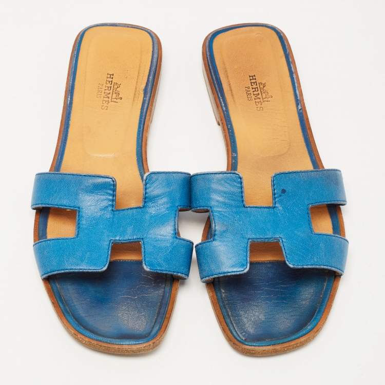 Pre Owned Hermes Blue Leather Oran Flat Slides Size 37.5