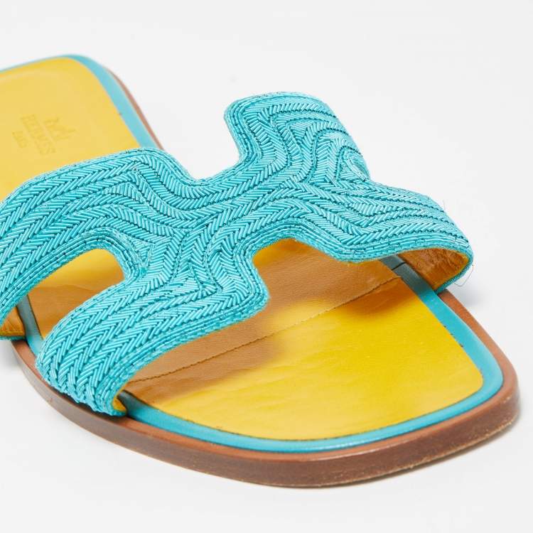Pre Owned Hermes Blue Twisted Metal Thread Oran Flat Slides Size 39