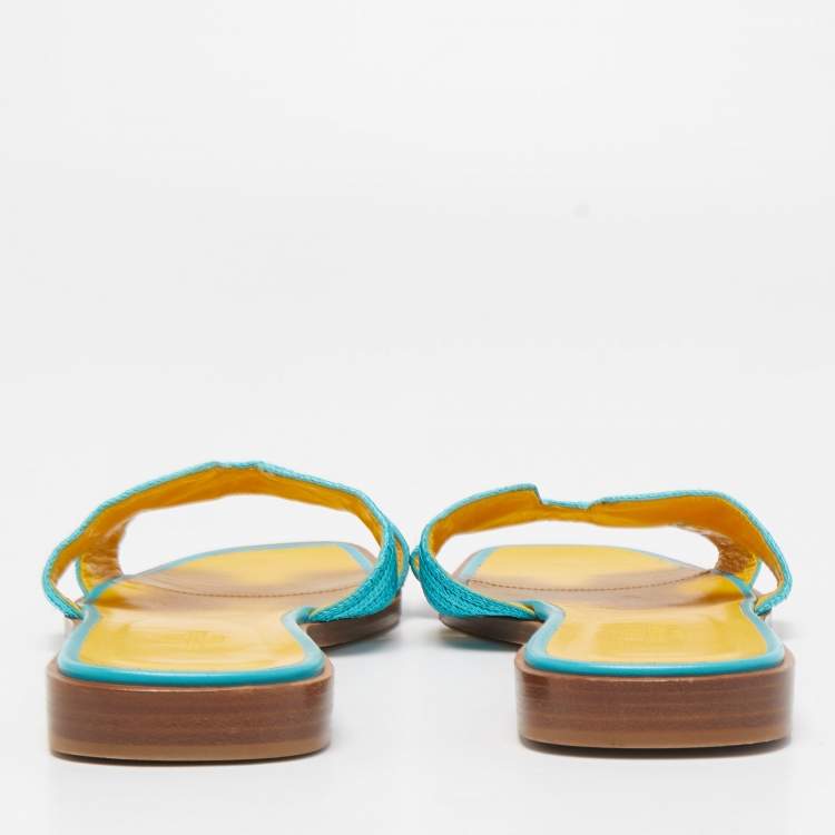 Pre Owned Hermes Blue Twisted Metal Thread Oran Flat Slides Size 39