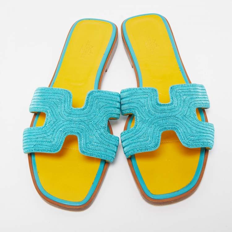 Pre Owned Hermes Blue Twisted Metal Thread Oran Flat Slides Size 39