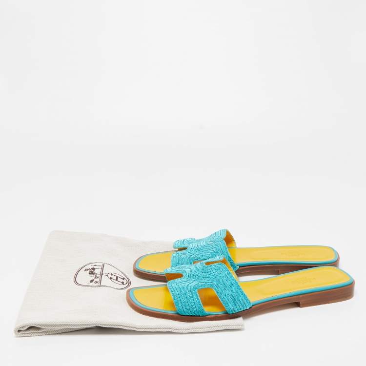 Pre Owned Hermes Blue Twisted Metal Thread Oran Flat Slides Size 39