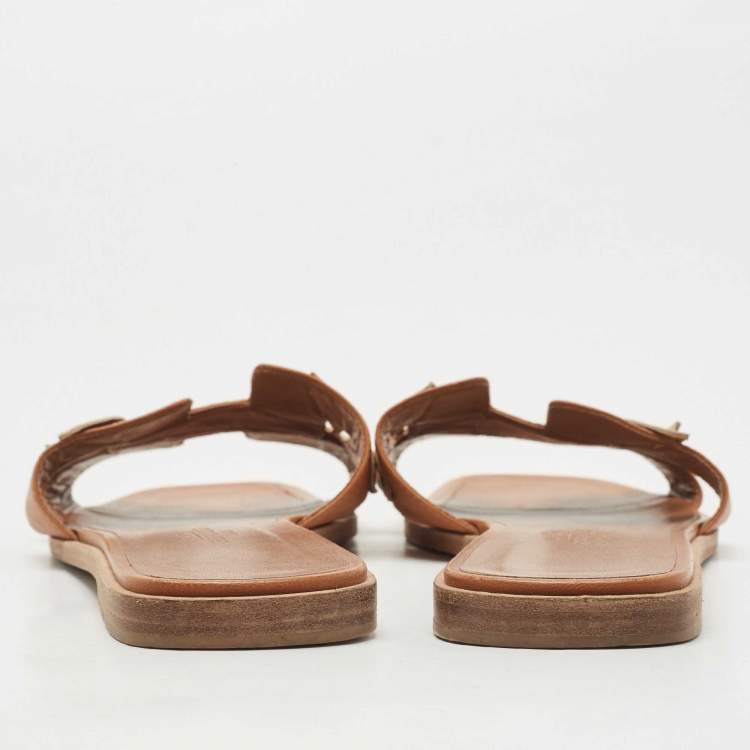 Pre Owned Hermes Tan Leather Leaves Oran Flat Slides Size 39