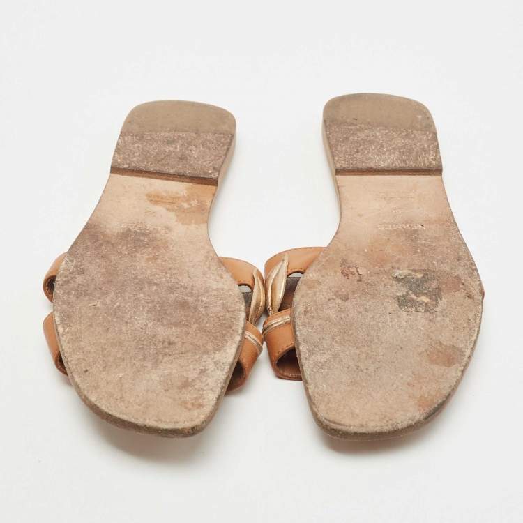 Pre Owned Hermes Tan Leather Leaves Oran Flat Slides Size 39