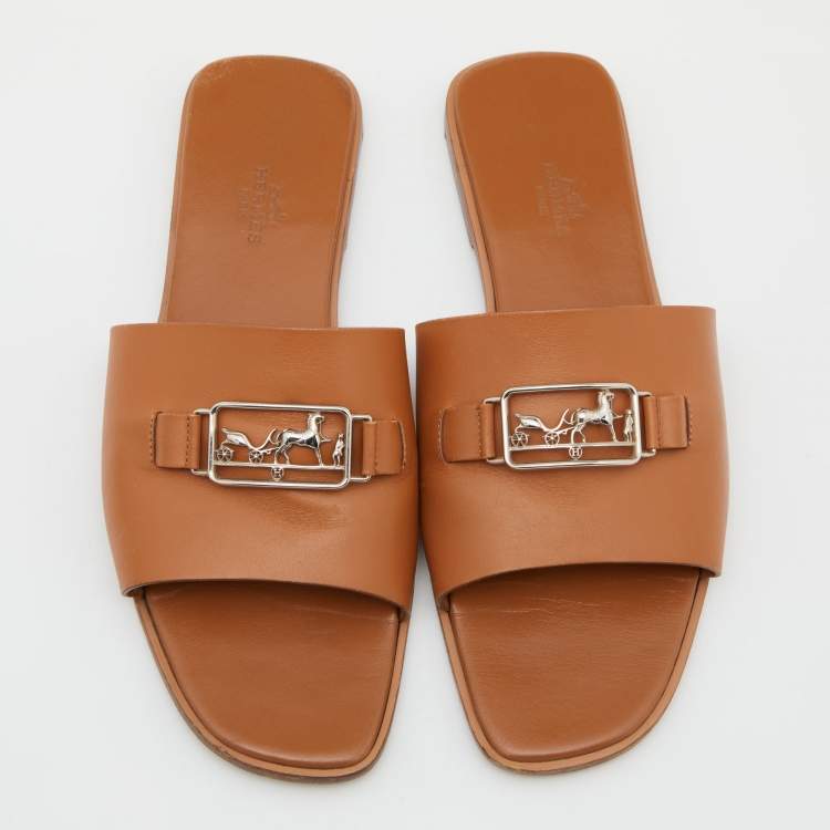 Pre Owned Hermes Brown Leather Villa Flat Slides Size 40