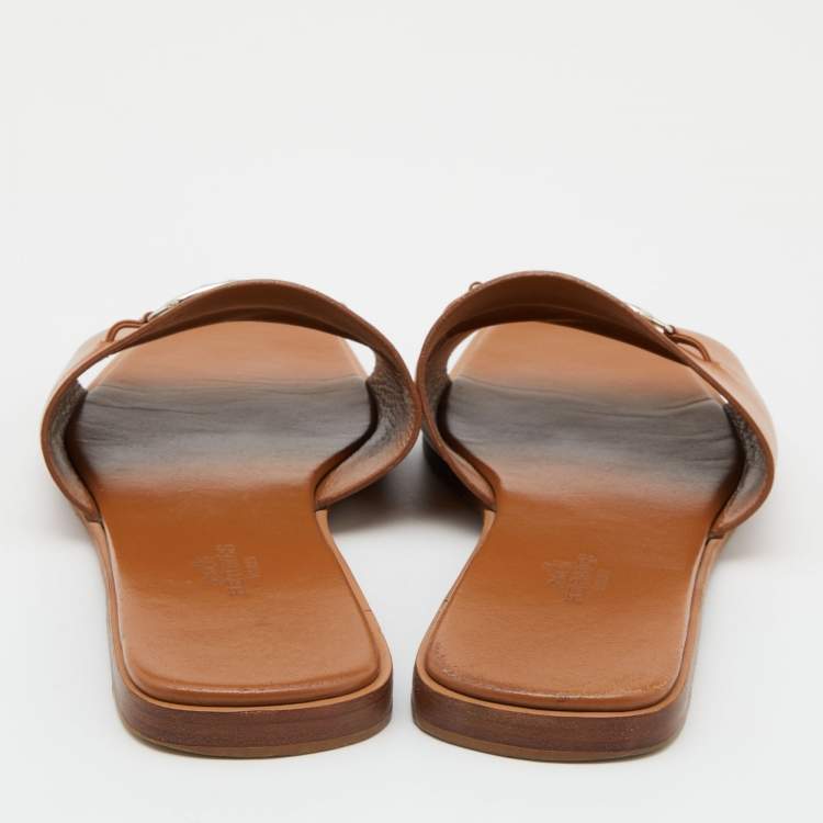 Pre Owned Hermes Brown Leather Villa Flat Slides Size 40