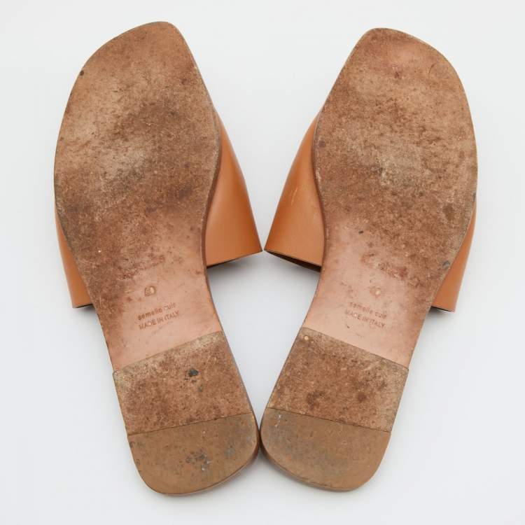 Pre Owned Hermes Brown Leather Villa Flat Slides Size 40