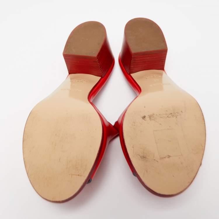 Pre Owned Hermes Red Leather Mona Slide Sandals Size 38