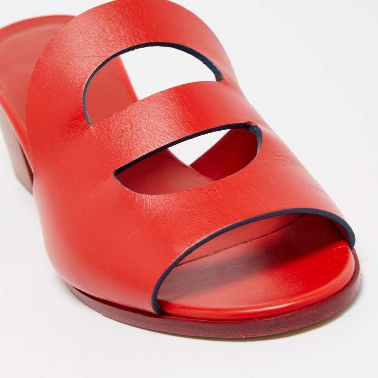 Pre Owned Hermes Red Leather Mona Slide Sandals Size 38