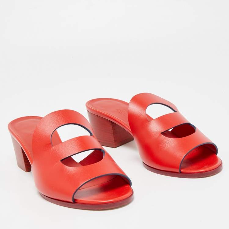 Pre Owned Hermes Red Leather Mona Slide Sandals Size 38