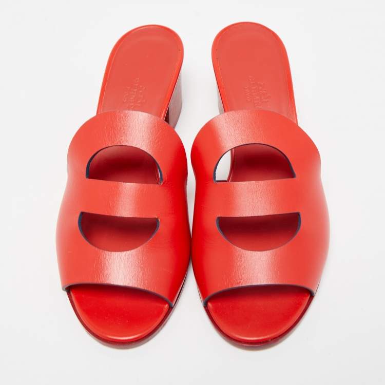 Pre Owned Hermes Red Leather Mona Slide Sandals Size 38