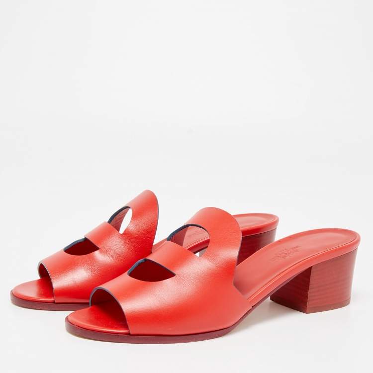 Pre Owned Hermes Red Leather Mona Slide Sandals Size 38