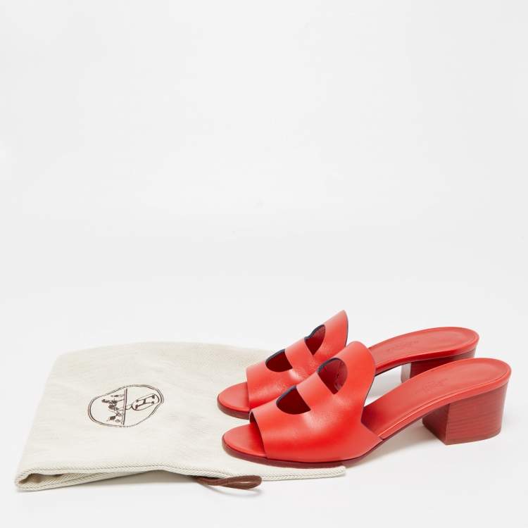 Pre Owned Hermes Red Leather Mona Slide Sandals Size 38