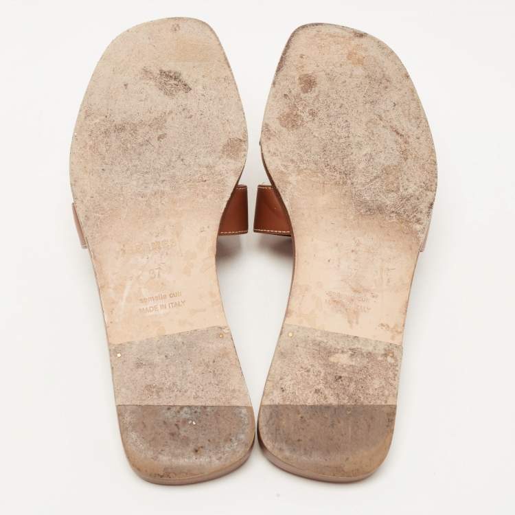 Pre Owned Hermes Brown Leather Oran Flat Slides Size 37  