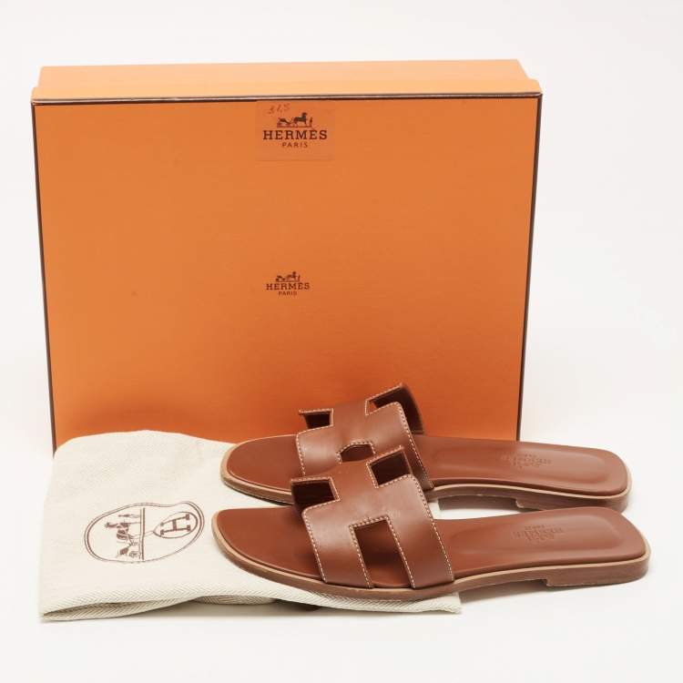 Pre Owned Hermes Brown Leather Oran Flat Slides Size 37  