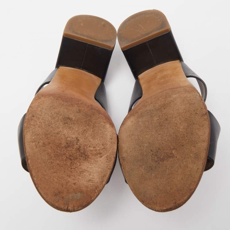 Pre Owned Hermes Black Leather Ostia Slide Sandals Size 38