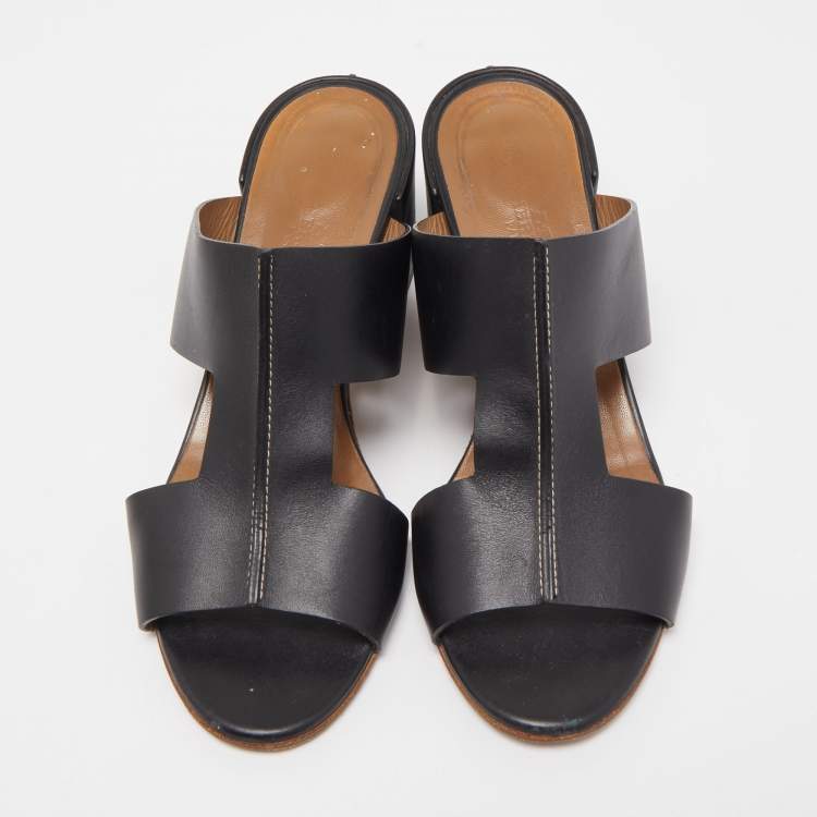 Pre Owned Hermes Black Leather Ostia Slide Sandals Size 38