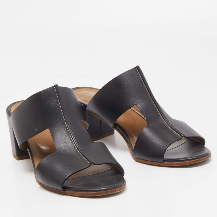 Pre Owned Hermes Black Leather Ostia Slide Sandals Size 38