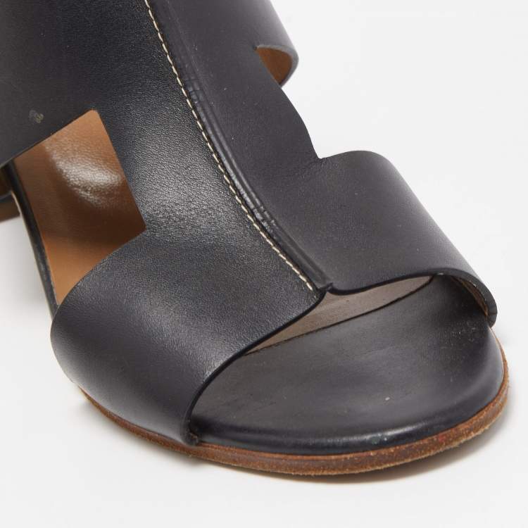 Pre Owned Hermes Black Leather Ostia Slide Sandals Size 38