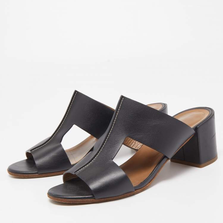 Pre Owned Hermes Black Leather Ostia Slide Sandals Size 38