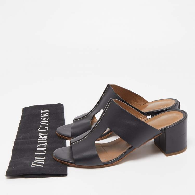 Pre Owned Hermes Black Leather Ostia Slide Sandals Size 38