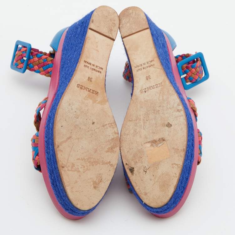 Pre Owned Hermes Multicolor Leather Ines Espadrille Wedge Sandals Size 38