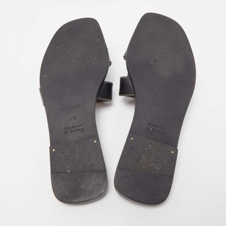 Pre Owned Hermes Black Leather Oran Flat Slides Size 37.5