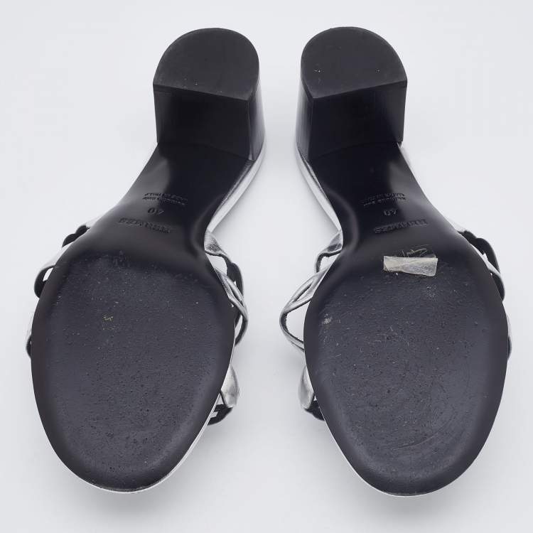 Pre Owned Hermes Silver Leather Tandem Slide Sandals Size 40