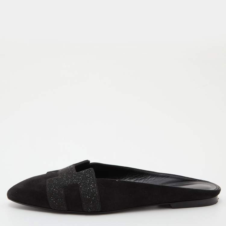 Pre Owned Hermes Black Suede and Beads Powder Roxane Flat Mules Size 38