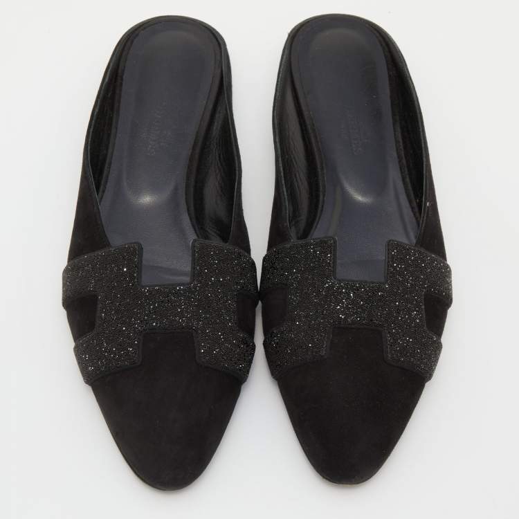Pre Owned Hermes Black Suede and Beads Powder Roxane Flat Mules Size 38