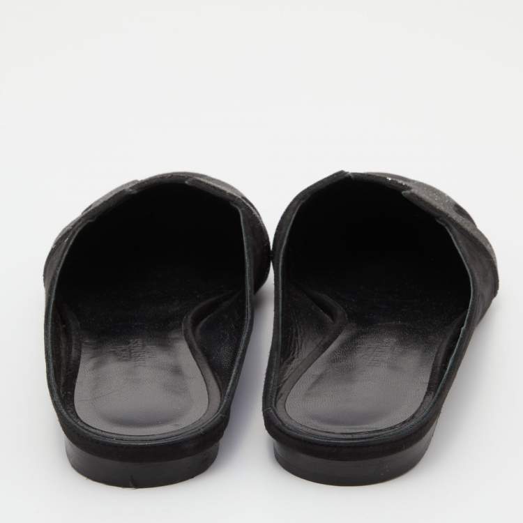 Pre Owned Hermes Black Suede and Beads Powder Roxane Flat Mules Size 38
