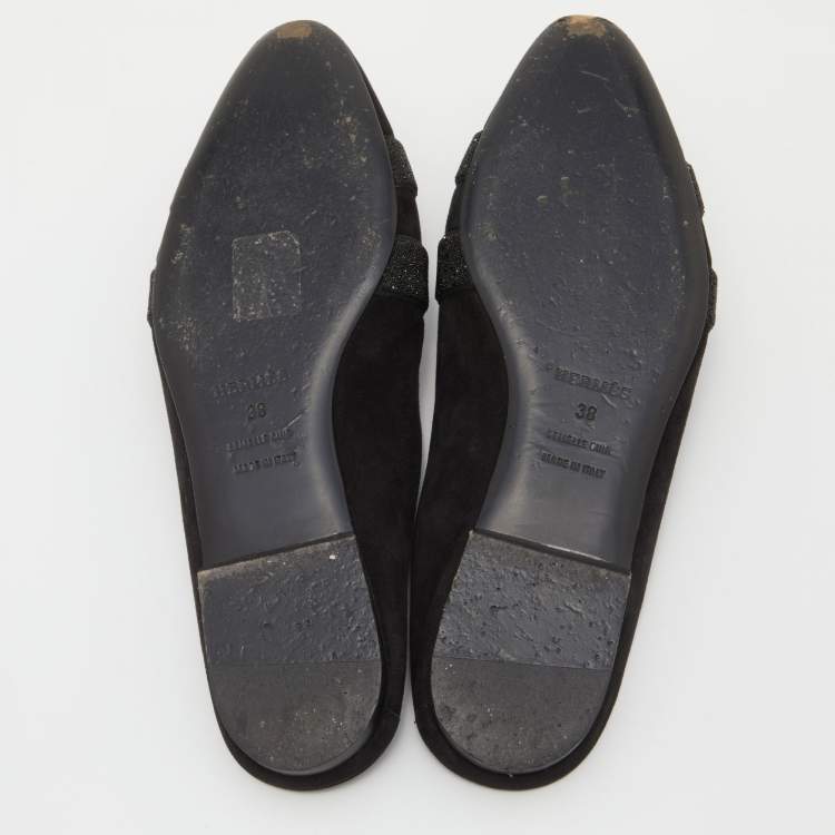 Pre Owned Hermes Black Suede and Beads Powder Roxane Flat Mules Size 38