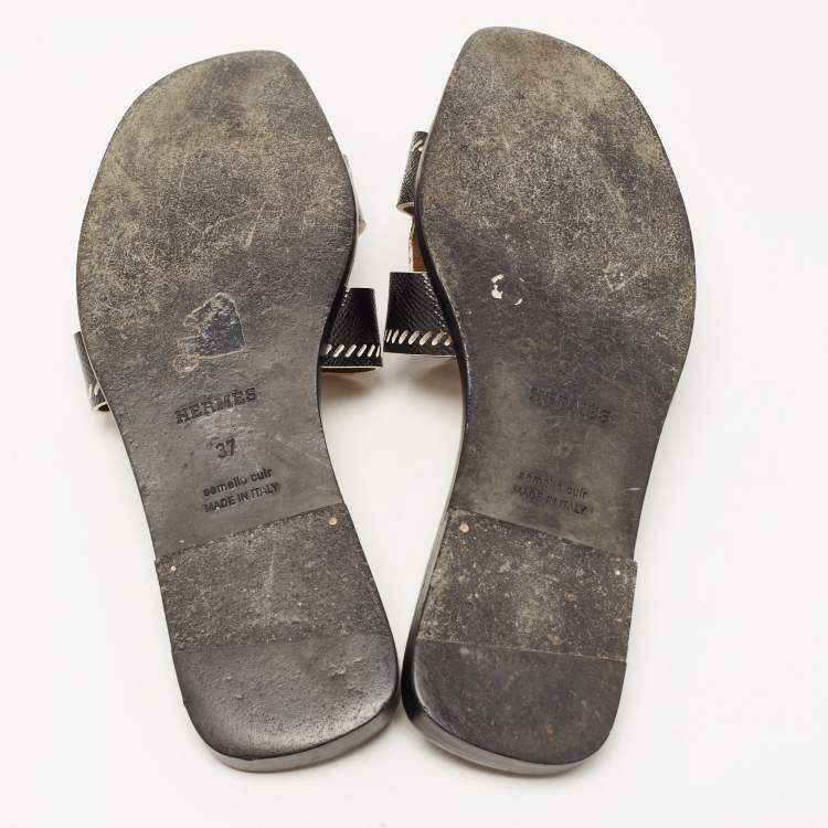 Pre Owned Hermes Black Patent Leather Oran Flat Slides Size 37