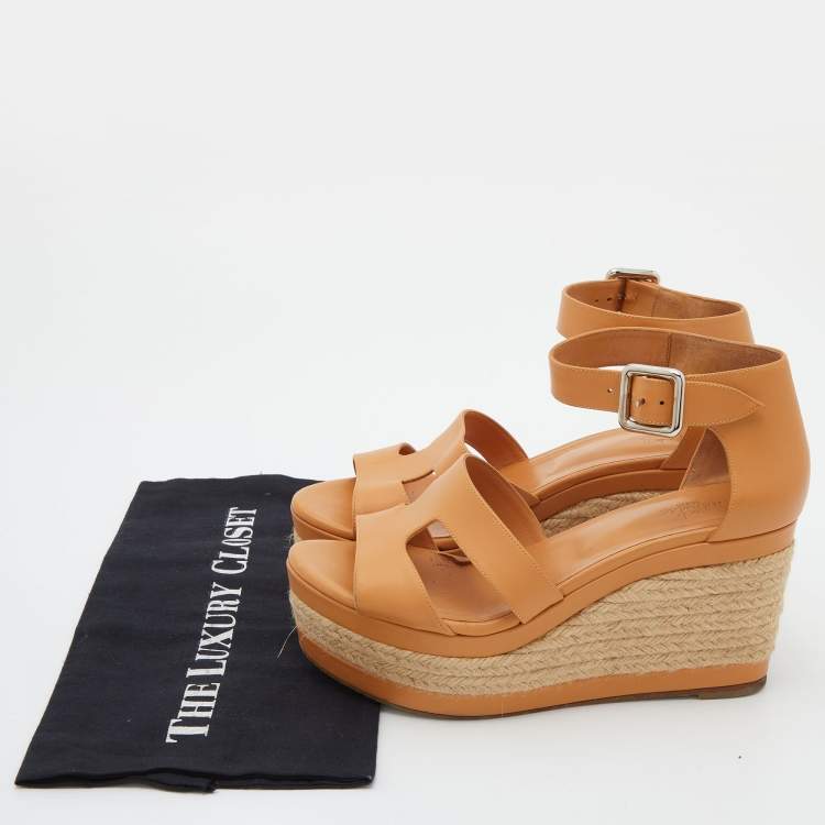Pre Owned Hermes Tan Leather Ilana Espadrille Wedge Sandals Size 38