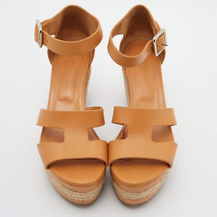 Pre Owned Hermes Tan Leather Ilana Espadrille Wedge Sandals Size 38