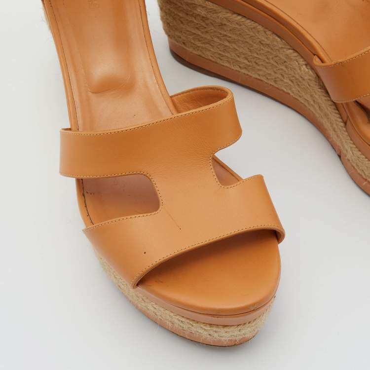 Pre Owned Hermes Tan Leather Ilana Espadrille Wedge Sandals Size 38