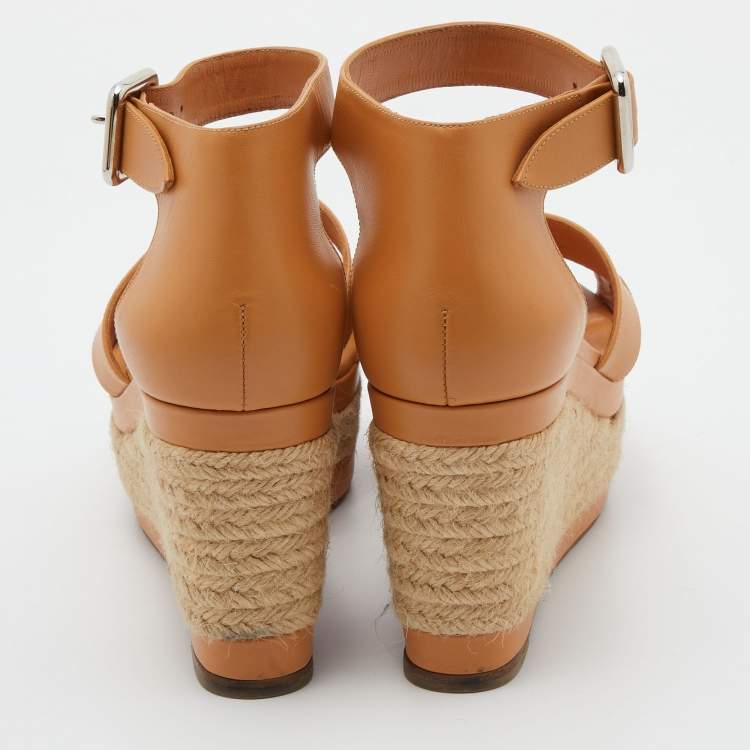 Pre Owned Hermes Tan Leather Ilana Espadrille Wedge Sandals Size 38