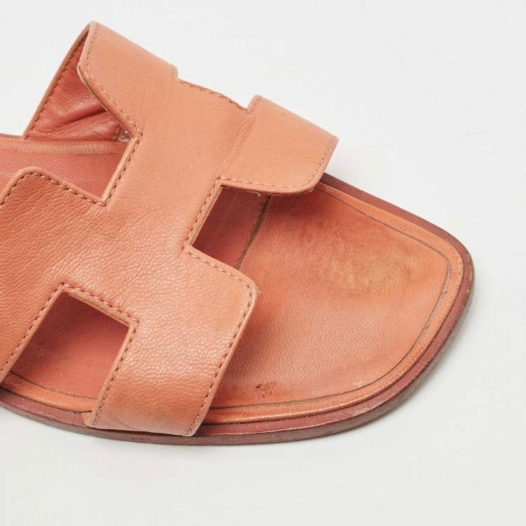 Pre Owned Hermes Orange Leather Oran Flat Slides Size 38.5
