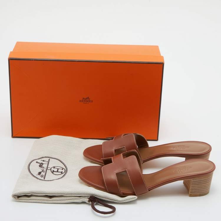 Pre Owned Hermes Brown Leather Oasis Sandals Size 35.5
