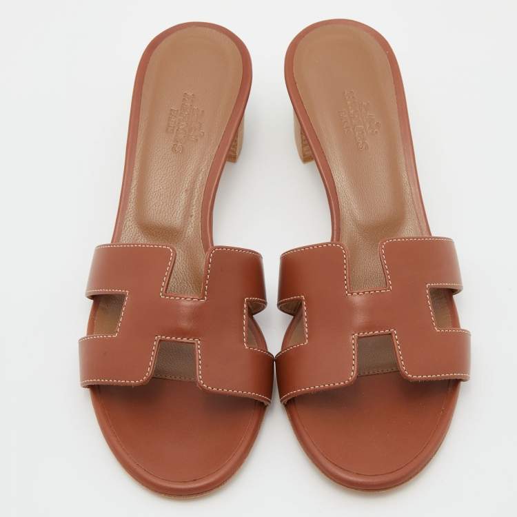 Pre Owned Hermes Brown Leather Oasis Sandals Size 35.5
