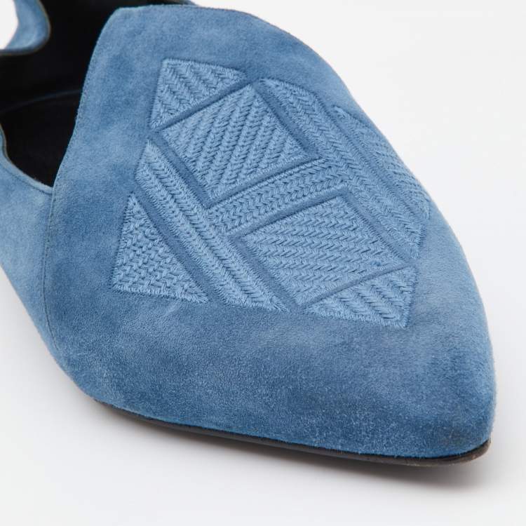Pre Owned Hermes Blue Suede Pointed Toe Ballet Flats Size 39