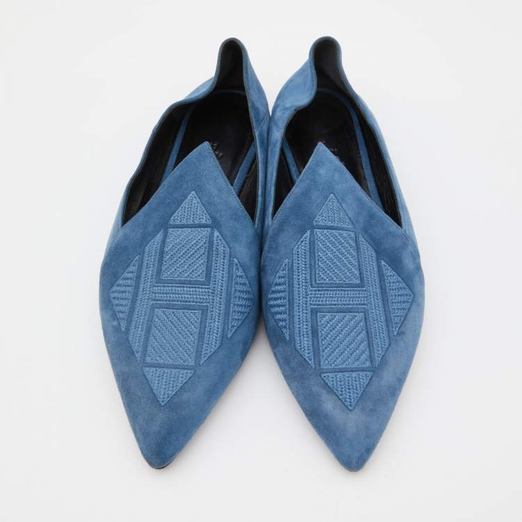 Pre Owned Hermes Blue Suede Pointed Toe Ballet Flats Size 39
