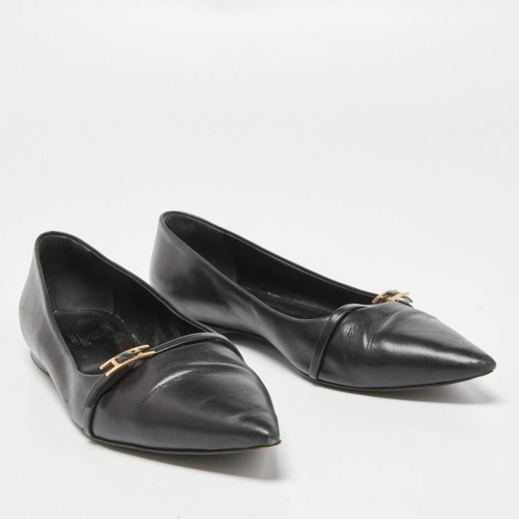 Pre Owned Hermes Black Leather Laura Ballet Flats Size 38.5