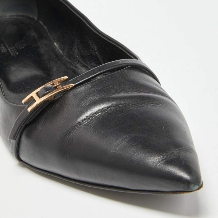 Pre Owned Hermes Black Leather Laura Ballet Flats Size 38.5