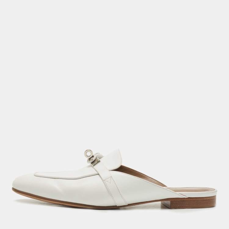 Pre Owned Hermes White Leather Oz Flat Mules Size 41