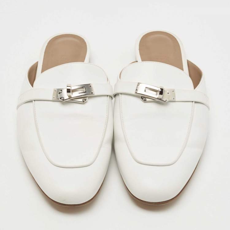Pre Owned Hermes White Leather Oz Flat Mules Size 41