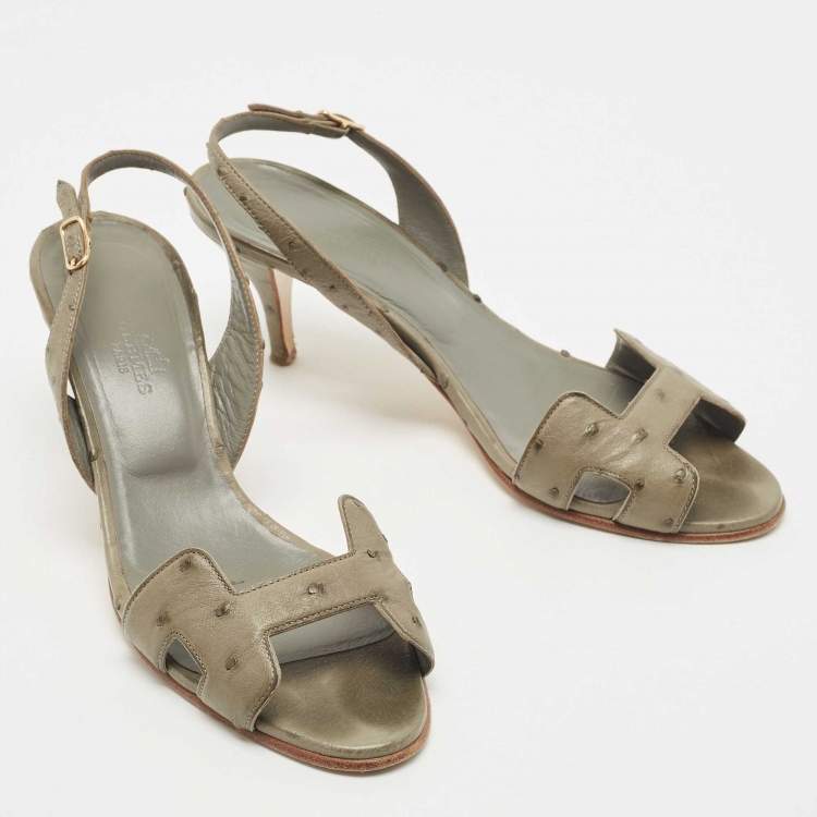 Pre Owned Hermes Grey Ostrich Night Slingback Sandals Size 37