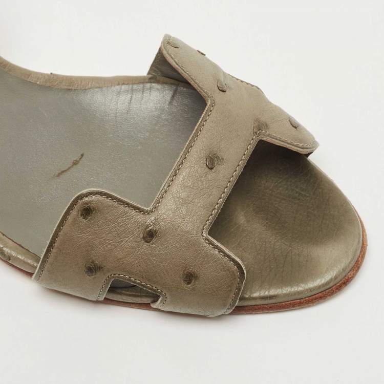 Pre Owned Hermes Grey Ostrich Night Slingback Sandals Size 37