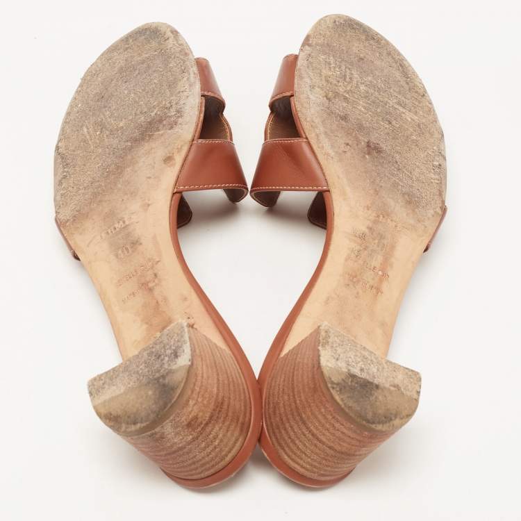 Pre Owned Hermes Brown Leather Oasis Slide Sandals Size 40